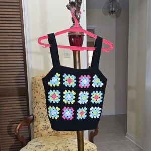 Design History Black Crochet Tank with Multicolor Granny Accents